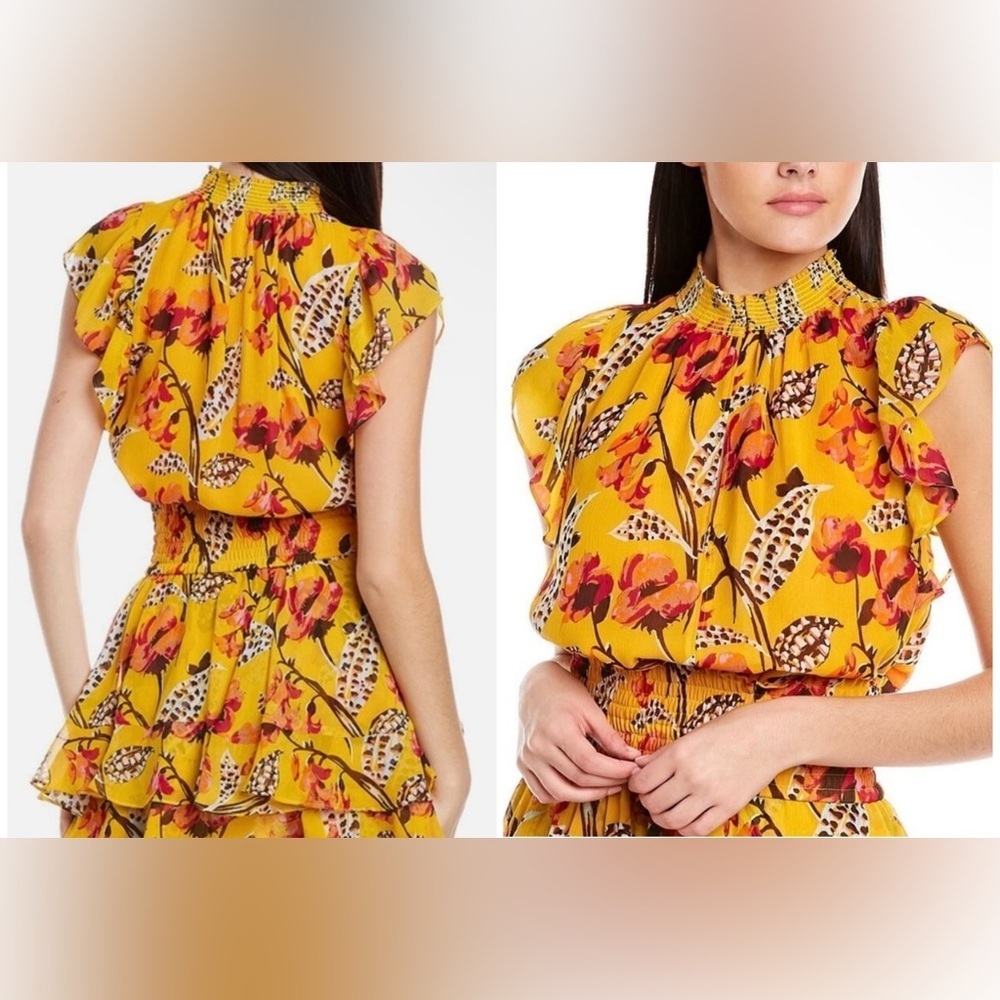 New! A.L.C. Hayley Silk Blend Smocked Floral Yellow Marigold Blouse 🌻 size 2 NWT